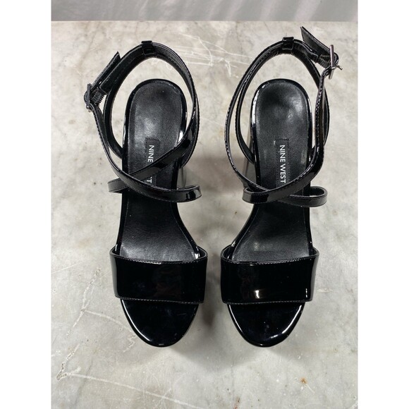Nine West Platform Sandals Women’s 7 Black Patent Strappy Ankle - Picture 2 of 10